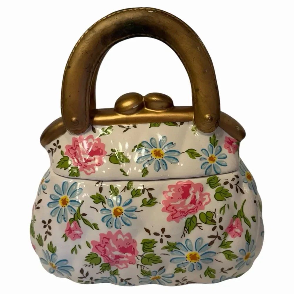 Purse Cookie Jar Floral Ceramic Handbag Storage Cottagecore Statement Decor